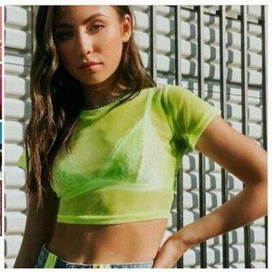 Emma & Sam Sheer Crop Mesh Top Size XS Short Sleeve Neon Yellow NWT $88 B39